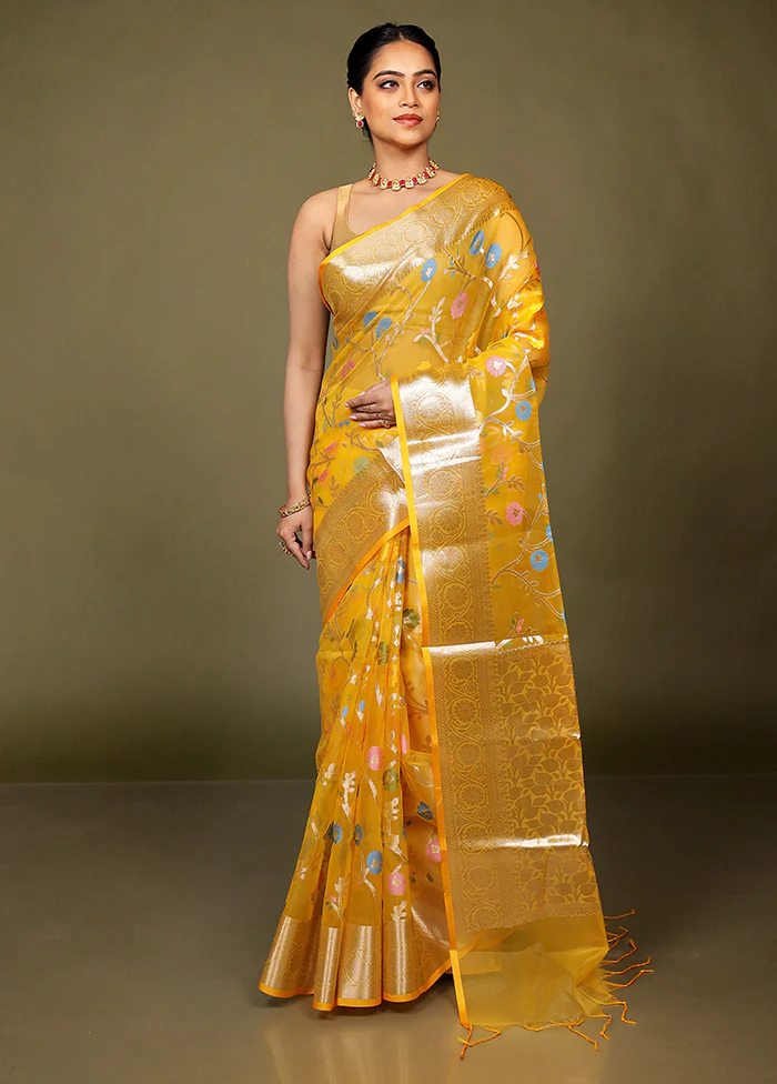 Yellow Organza Saree With Blouse Piece - Image 2