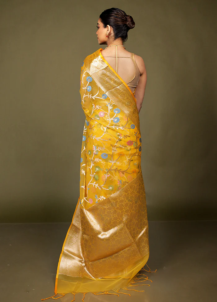 Yellow Organza Saree With Blouse Piece - Image 3