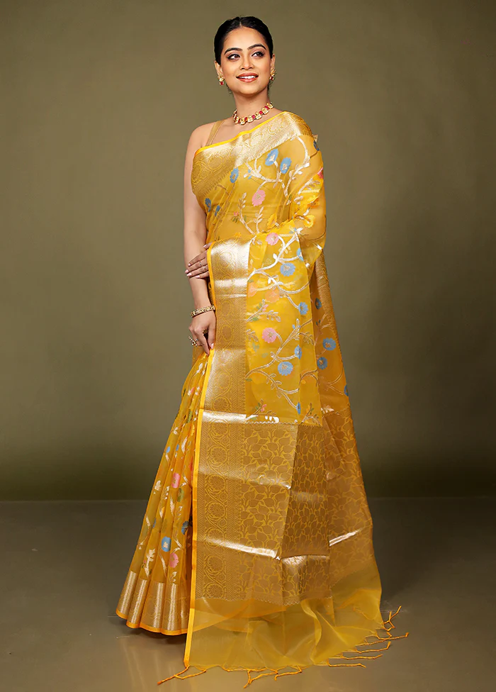 Yellow Organza Saree With Blouse Piece - Image 4