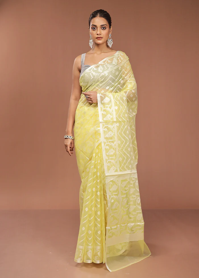 Yellow Organza Saree With Blouse Piece - Image 2
