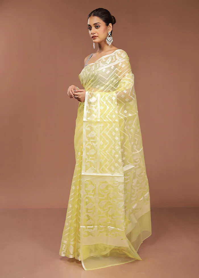 Yellow Organza Saree With Blouse Piece - Image 4