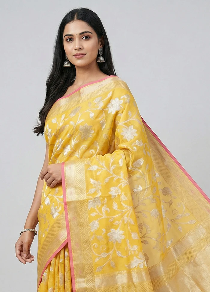 Yellow Organza Saree With Blouse Piece - Image 2