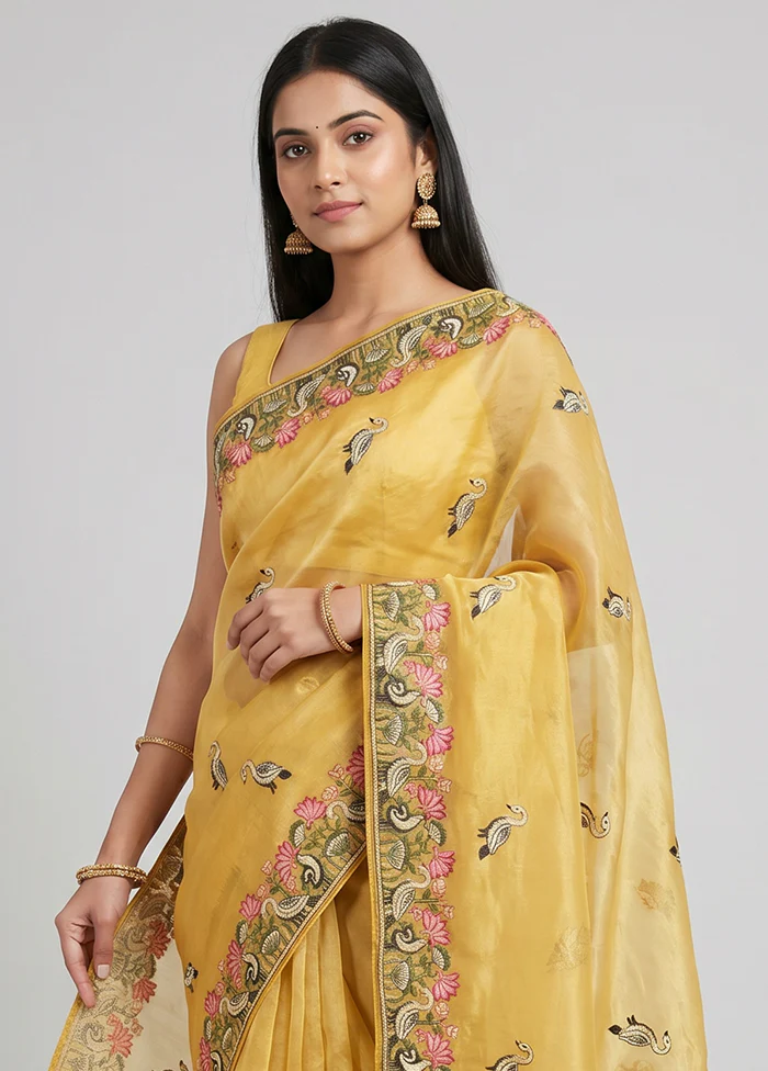 Yellow Organza Saree With Blouse Piece - Image 2