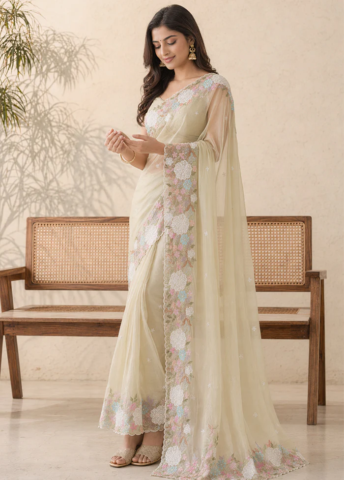 Yellow Organza Saree With Blouse Piece - Image 3