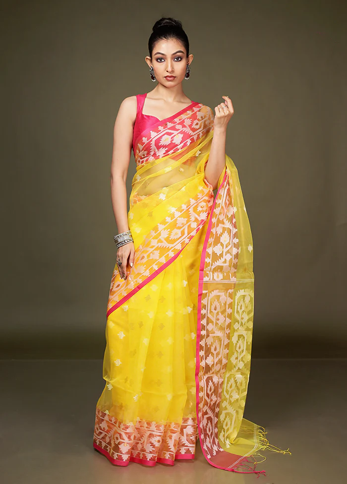 Yellow Organza Saree With Blouse Piece - Image 2