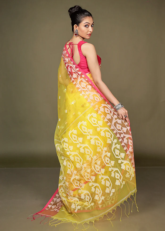 Yellow Organza Saree With Blouse Piece - Image 3