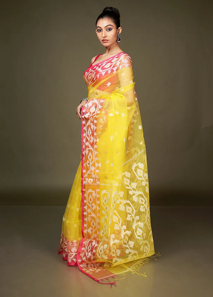 Yellow Organza Saree With Blouse Piece - Image 4