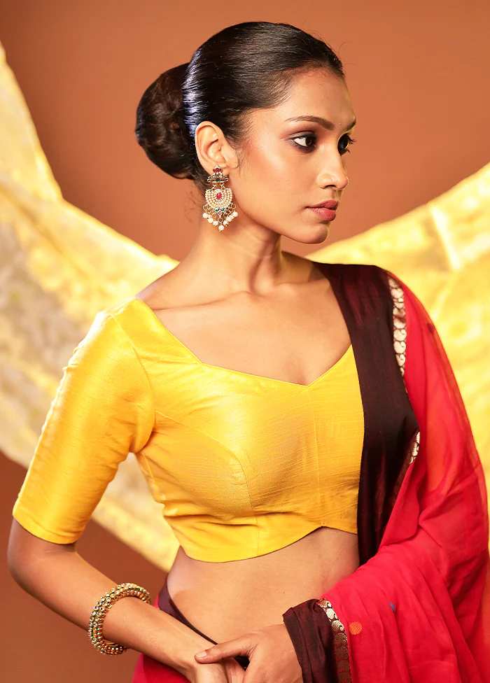 Yellow Pentagon Neck Designer Blouse Piece - Image 3