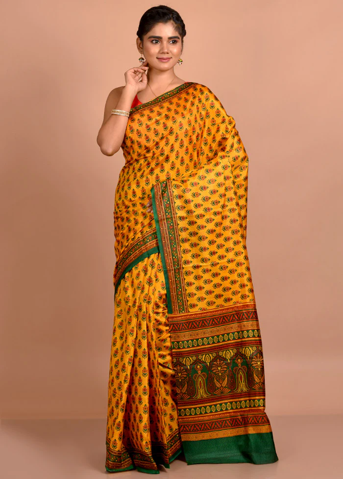 Yellow Printed Pure Silk Saree Without Blouse Piece
