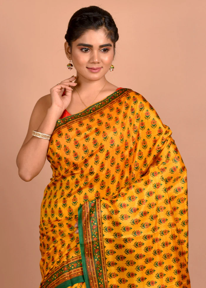 Yellow Printed Pure Silk Saree Without Blouse Piece - Image 2