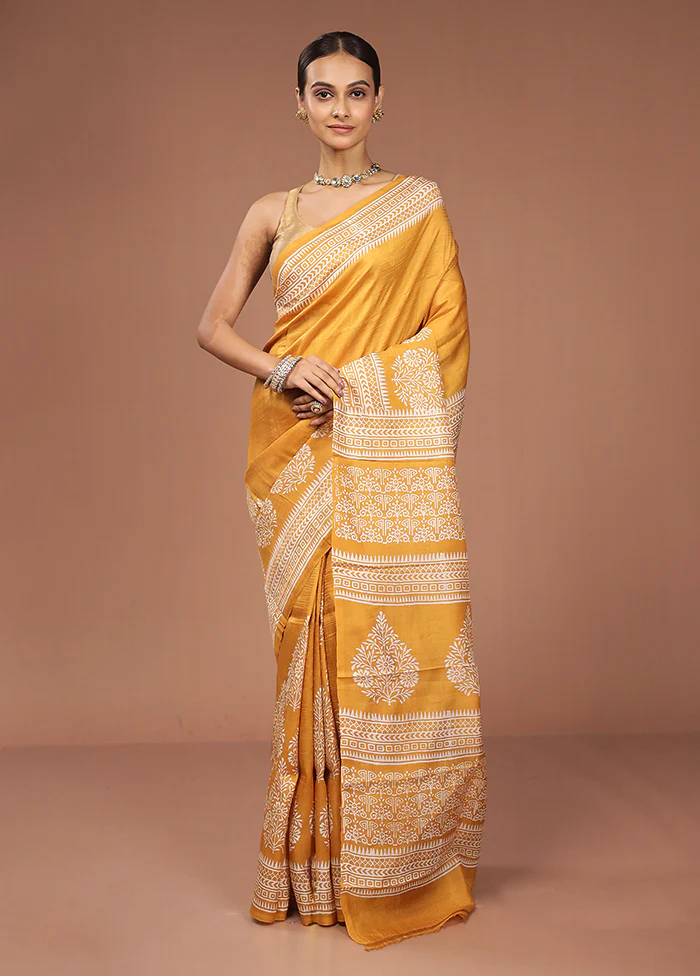 Yellow Printed Pure Silk Saree Without Blouse Piece - Image 2