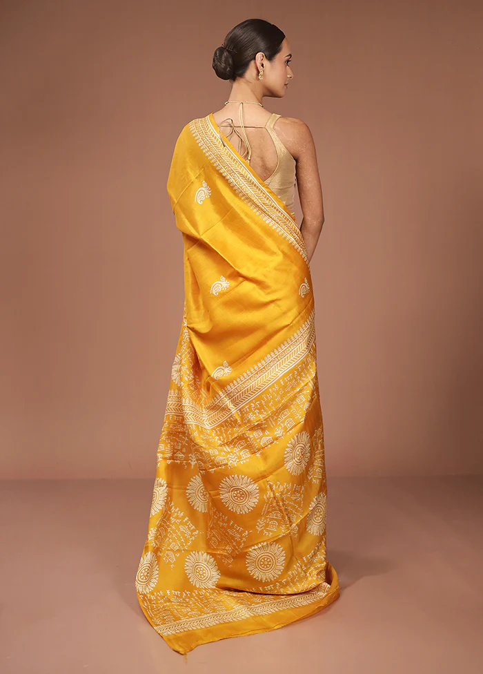 Yellow Printed Pure Silk Saree Without Blouse Piece - Image 3