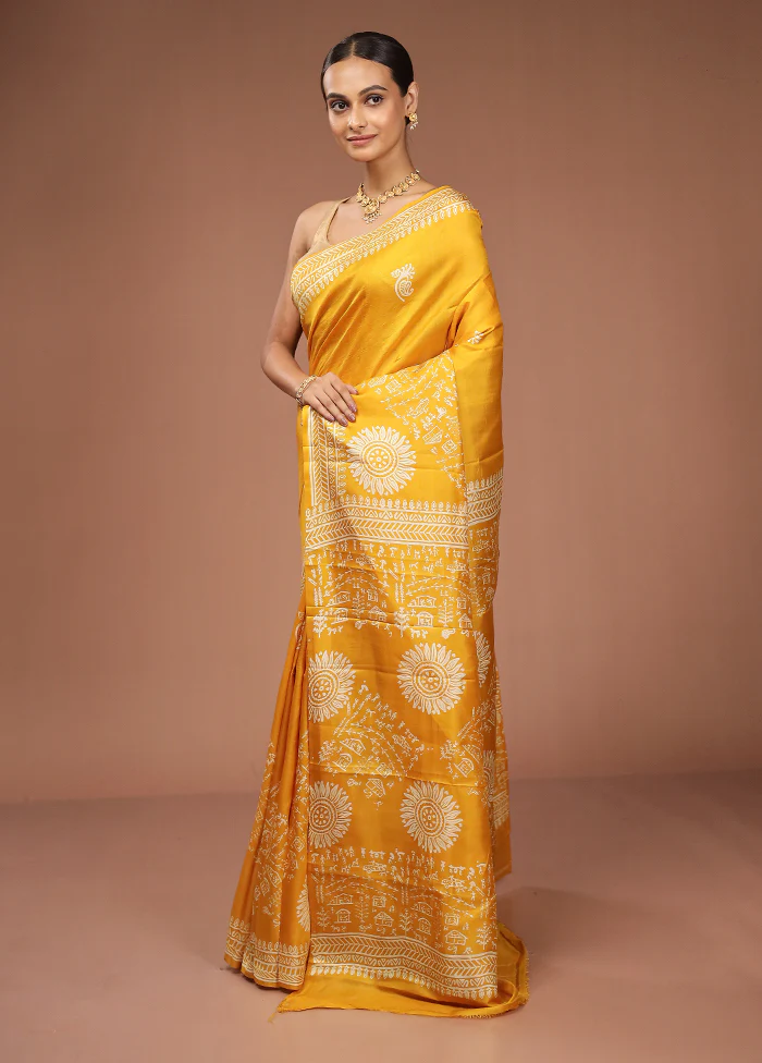 Yellow Printed Pure Silk Saree Without Blouse Piece - Image 4