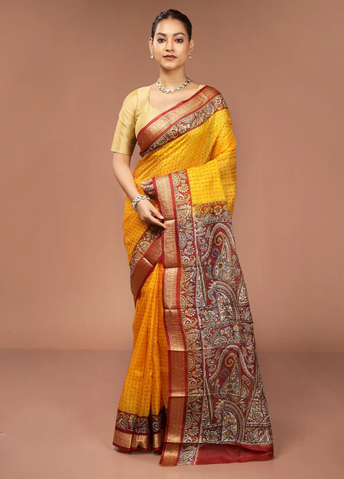 Yellow Printed Pure Silk Saree Without Blouse Piece - Image 2