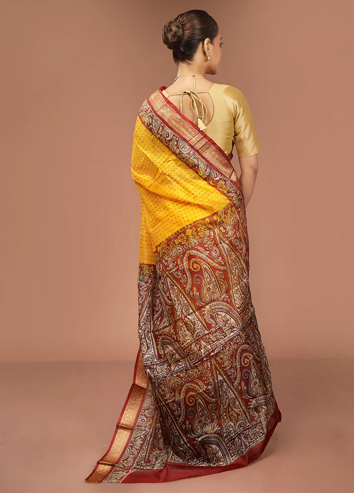 Yellow Printed Pure Silk Saree Without Blouse Piece - Image 3