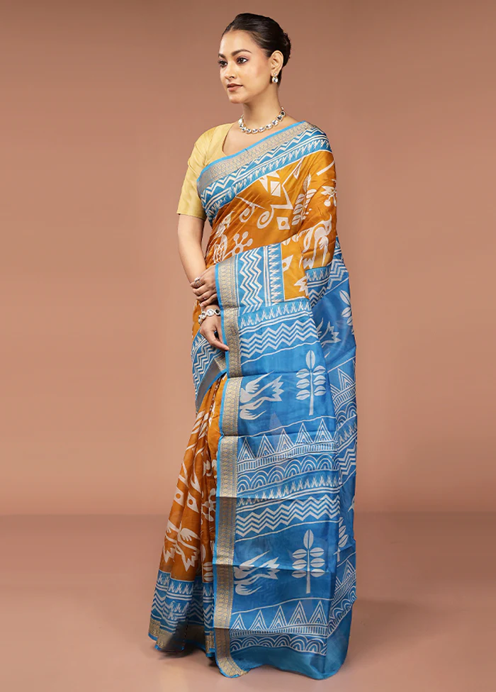 Yellow Printed Pure Silk Saree Without Blouse Piece - Image 4