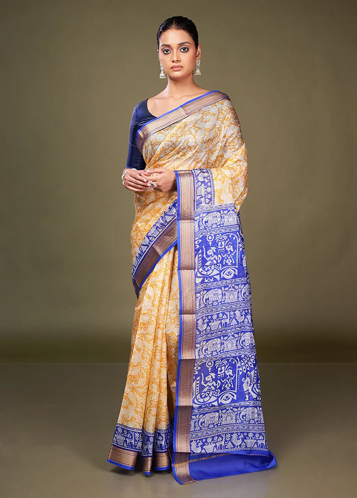 Yellow Printed Pure Silk Saree Without Blouse Piece - Image 2