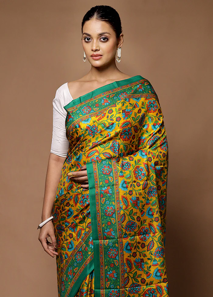 Yellow Printed Pure Silk Saree Without Blouse Piece - Image 2