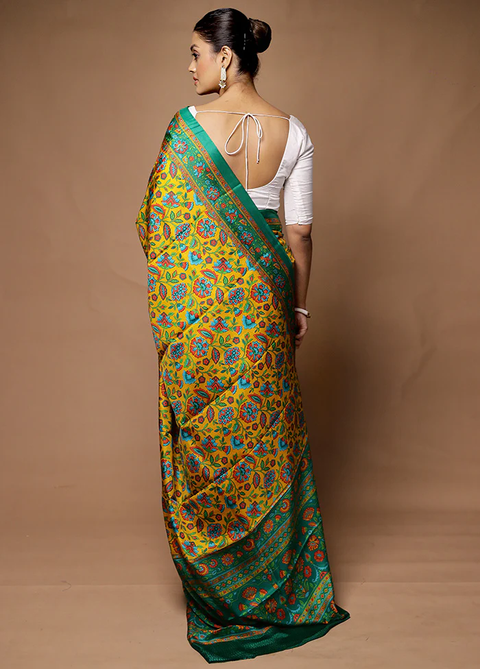 Yellow Printed Pure Silk Saree Without Blouse Piece - Image 3