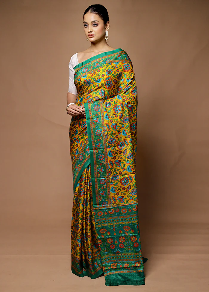 Yellow Printed Pure Silk Saree Without Blouse Piece - Image 4