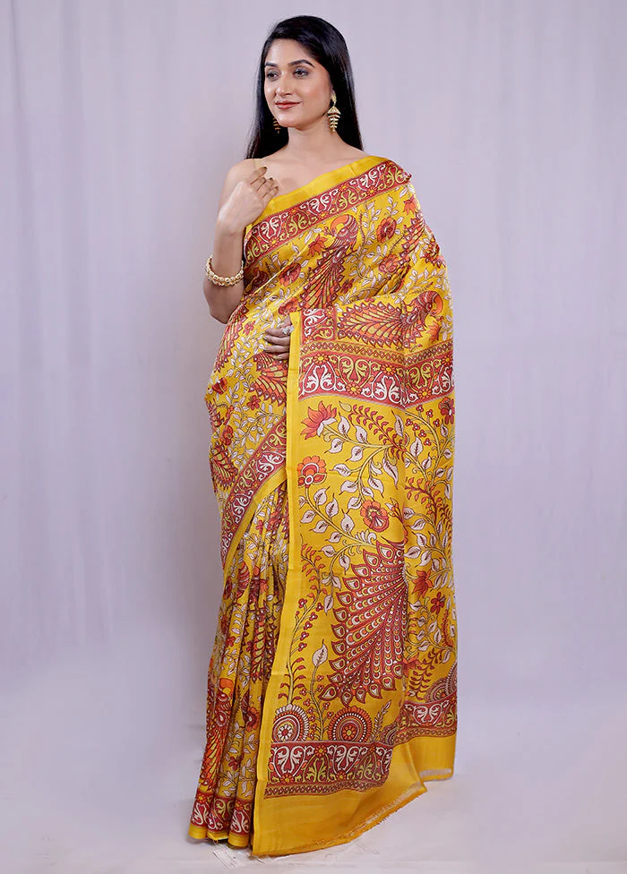 Yellow Printed Silk Saree Without Blouse Piece - Image 3