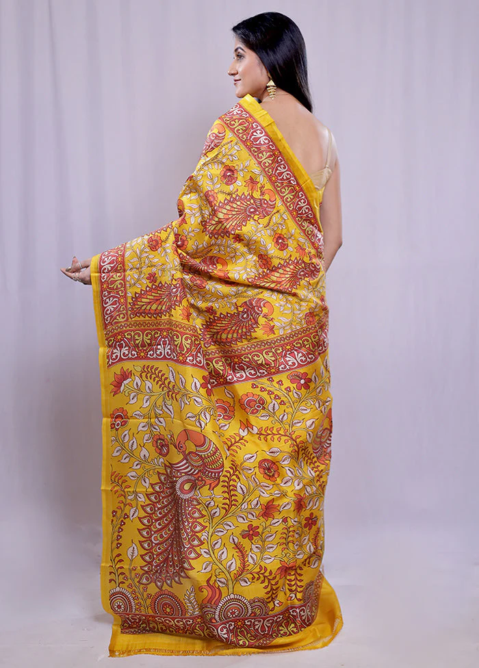 Yellow Printed Silk Saree Without Blouse Piece - Image 4