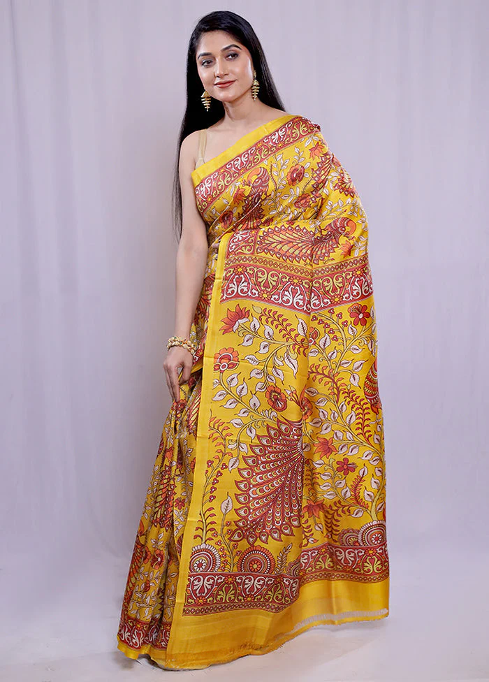 Yellow Printed Silk Saree Without Blouse Piece - Image 5