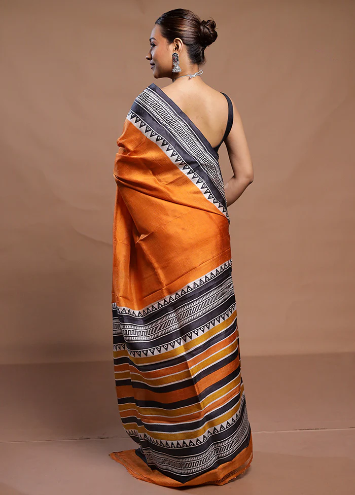 Yellow Printed Pure Silk Saree Without Blouse Piece - Image 3