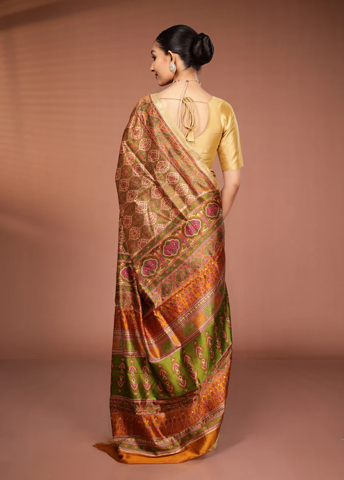 Yellow Printed Silk Saree Without Blouse Piece - Image 3