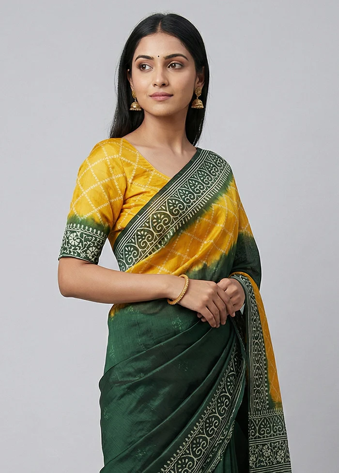Yellow Printed Pure Silk Saree Without Blouse Piece - Image 2