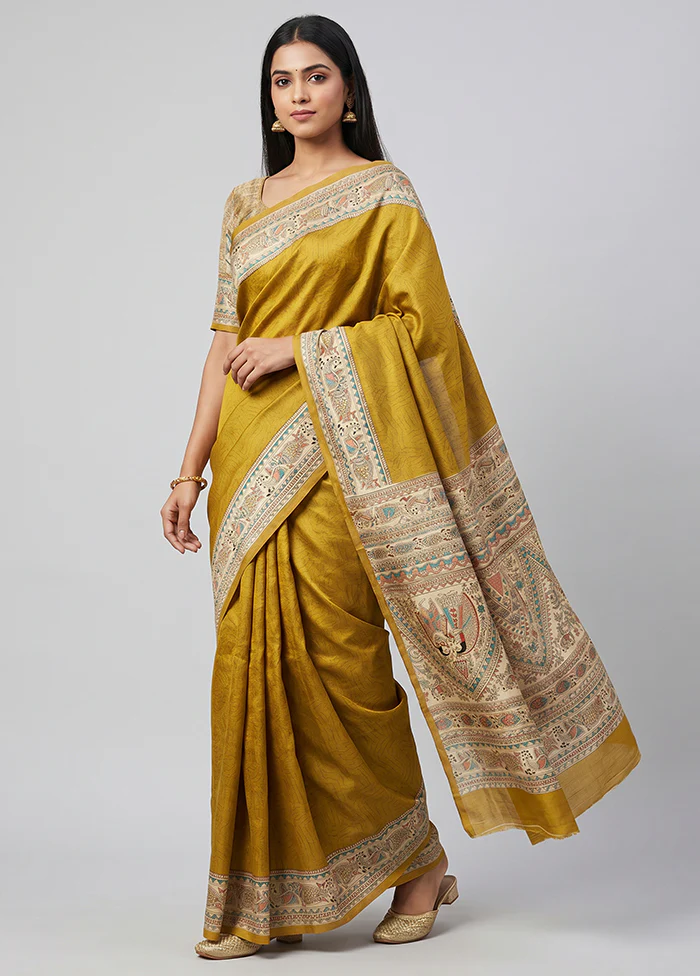 Yellow Printed Silk Saree Without Blouse Piece