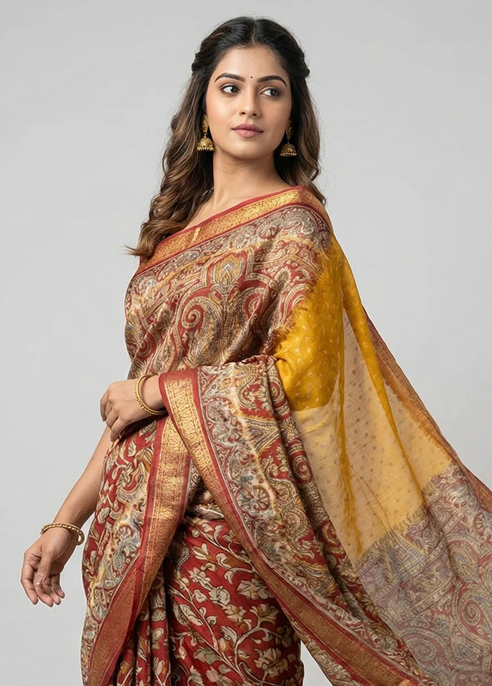 Yellow Printed Pure Silk Saree Without Blouse Piece - Image 2