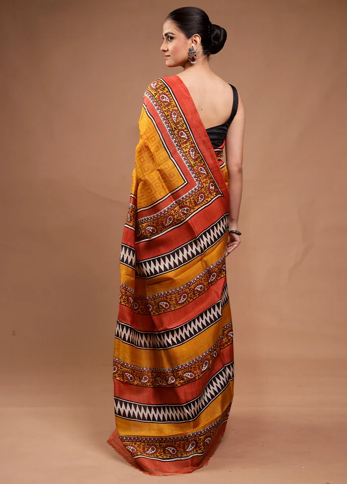 Yellow Printed Silk Saree Without Blouse Piece - Image 3