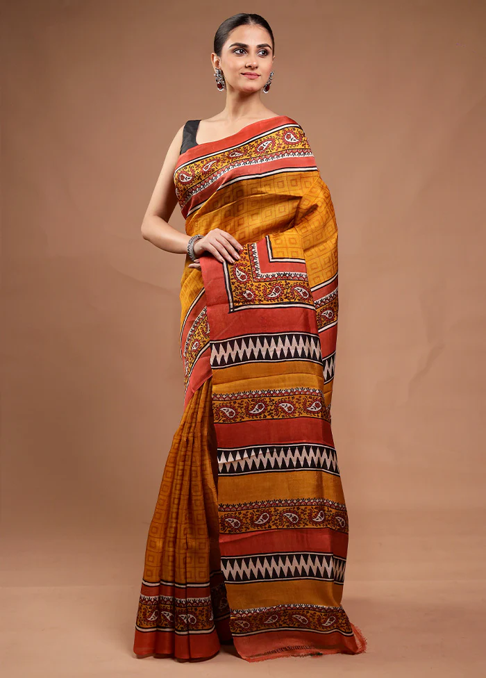 Yellow Printed Silk Saree Without Blouse Piece - Image 4