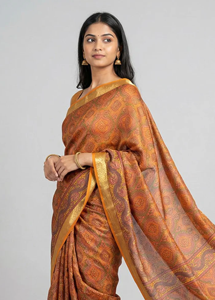 Yellow Printed Pure Silk Saree Without Blouse Piece - Image 2