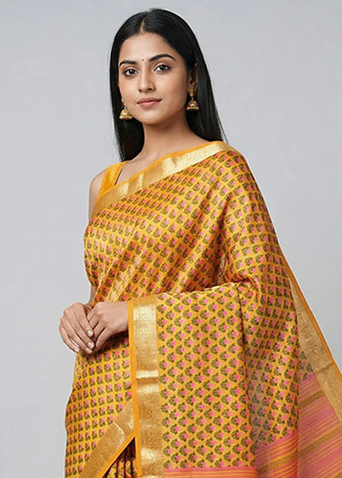 Yellow Printed Pure Silk Saree Without Blouse Piece - Image 2