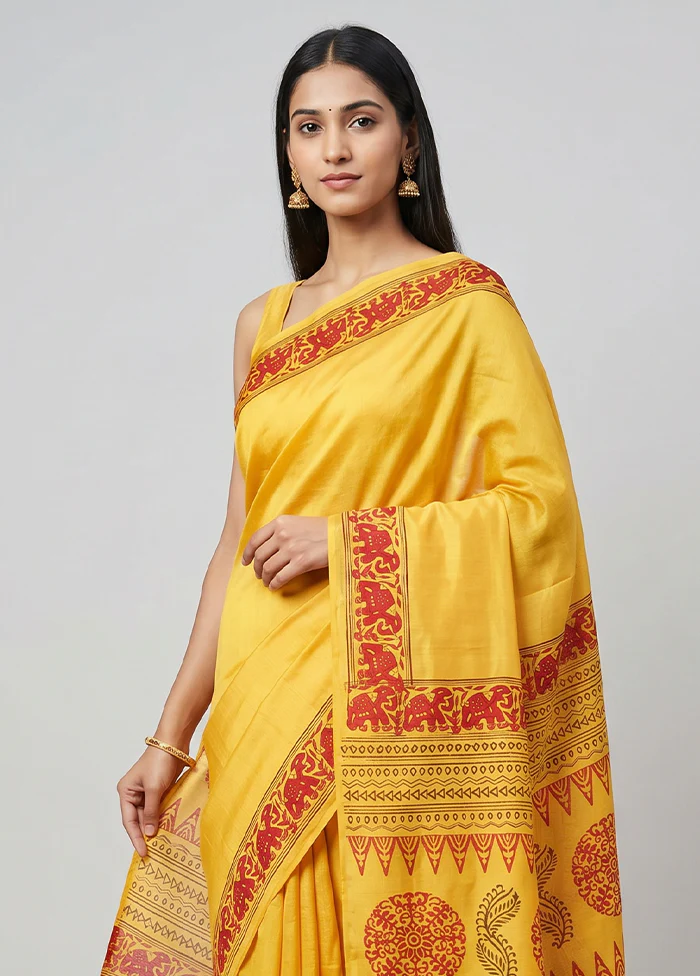 Yellow Printed Silk Saree Without Blouse Piece - Image 2
