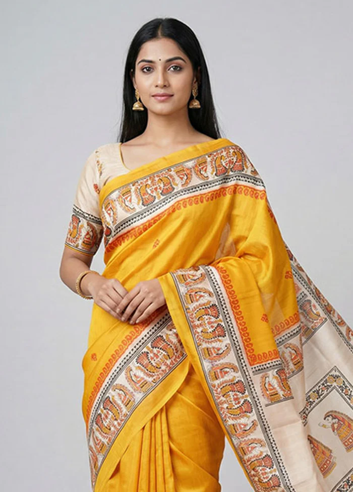 Yellow Printed Silk Saree Without Blouse Piece - Image 2