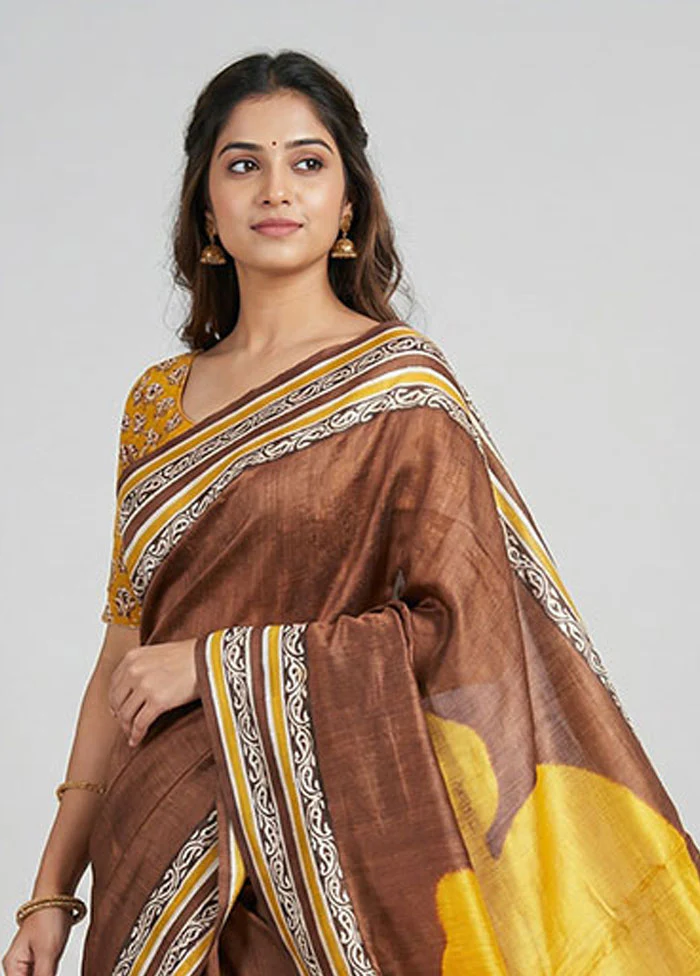 Yellow Printed Silk Saree Without Blouse Piece - Image 2