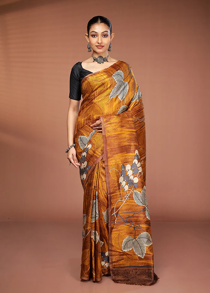 Yellow Printed Silk Saree Without Blouse Piece - Image 2