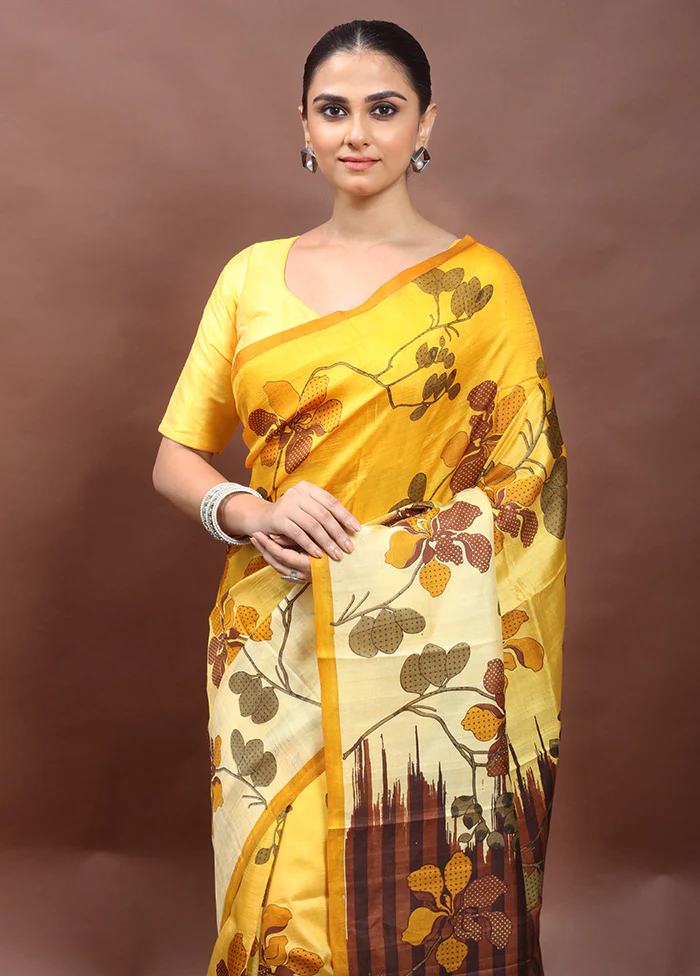 Yellow Printed Pure Silk Saree Without Blouse Piece - Image 2