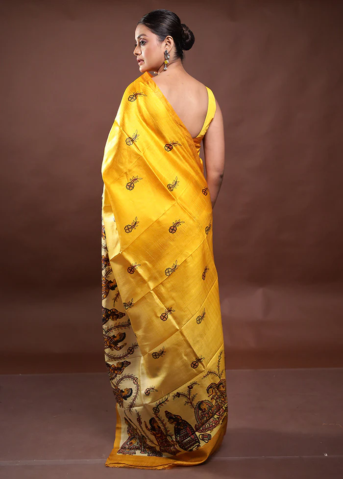Yellow Printed Pure Silk Saree Without Blouse Piece - Image 3