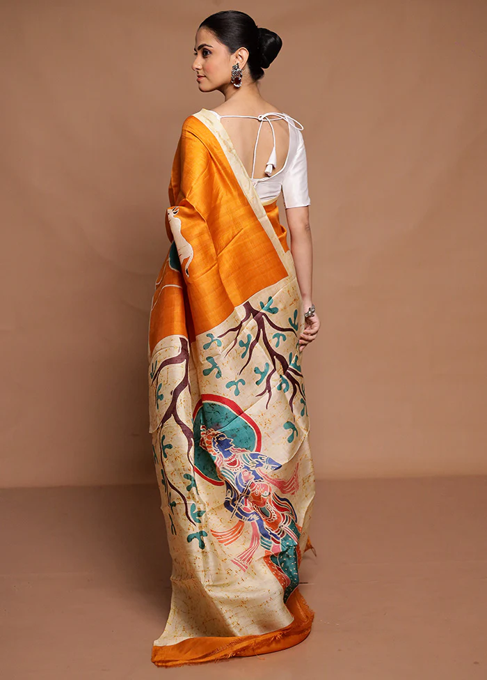 Yellow Printed Silk Saree Without Blouse Piece - Image 3