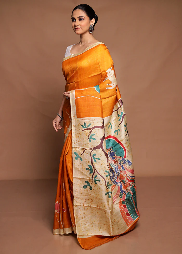 Yellow Printed Silk Saree Without Blouse Piece - Image 4