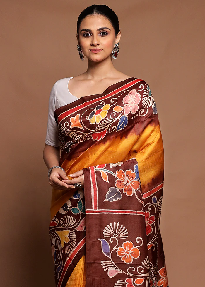 Yellow Printed Pure Silk Saree Without Blouse Piece - Image 2