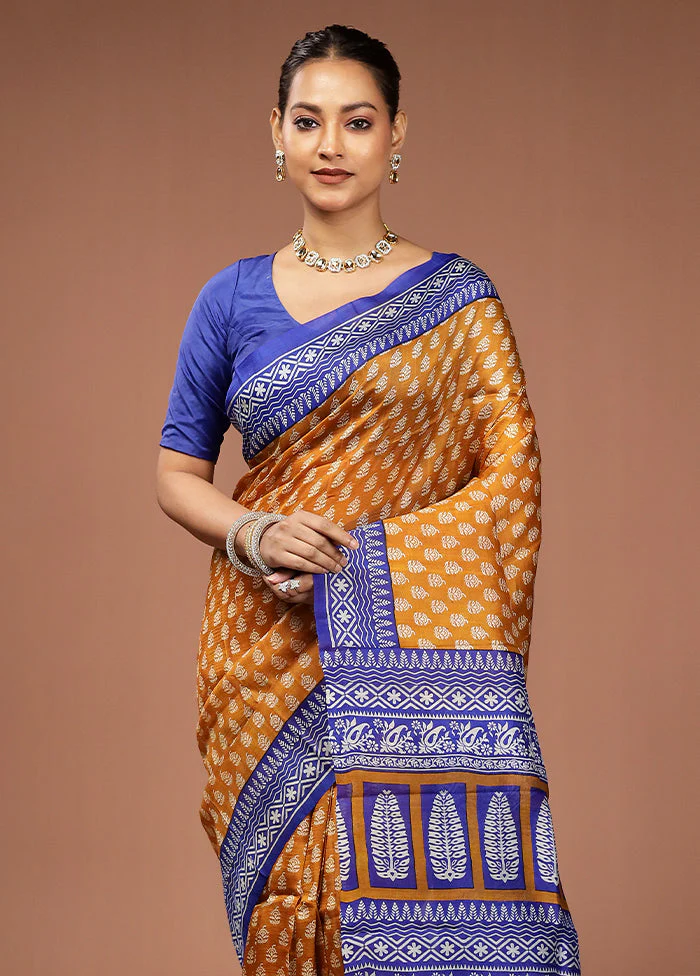 Yellow Printed Silk Saree Without Blouse Piece