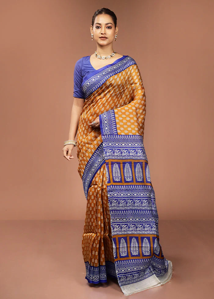 Yellow Printed Silk Saree Without Blouse Piece - Image 2