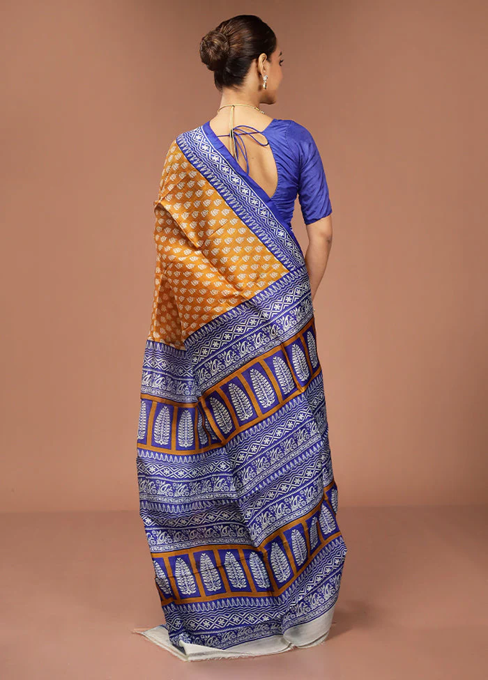 Yellow Printed Silk Saree Without Blouse Piece - Image 3