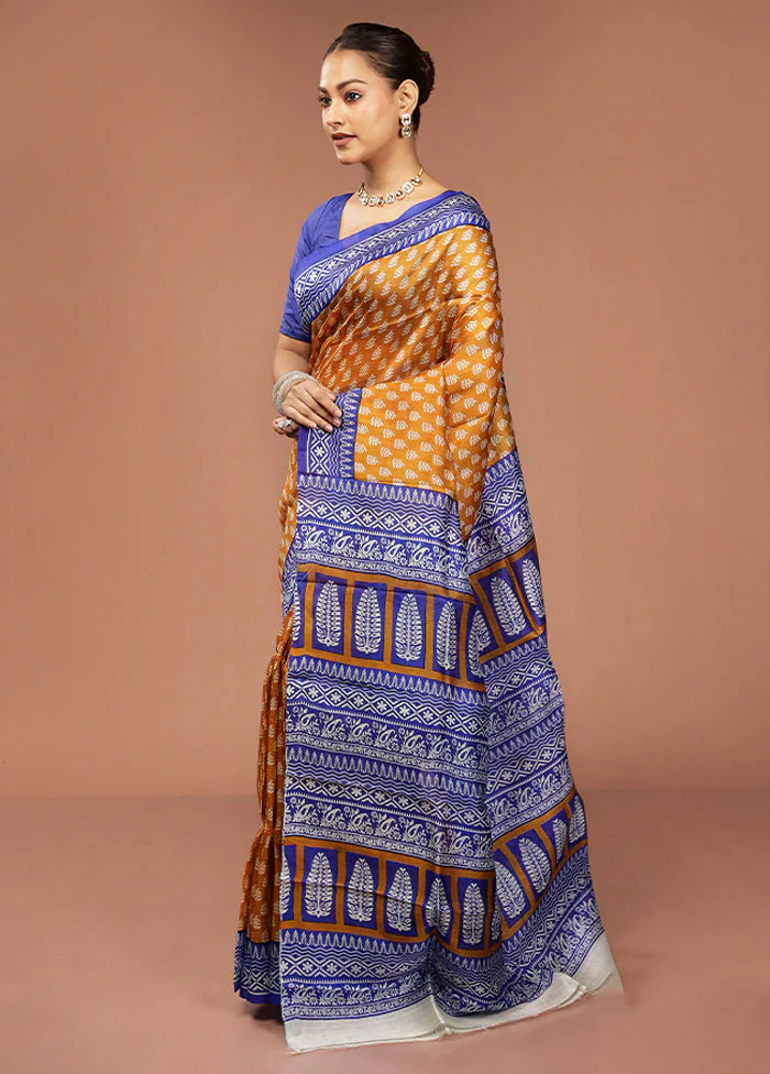 Yellow Printed Silk Saree Without Blouse Piece - Image 4