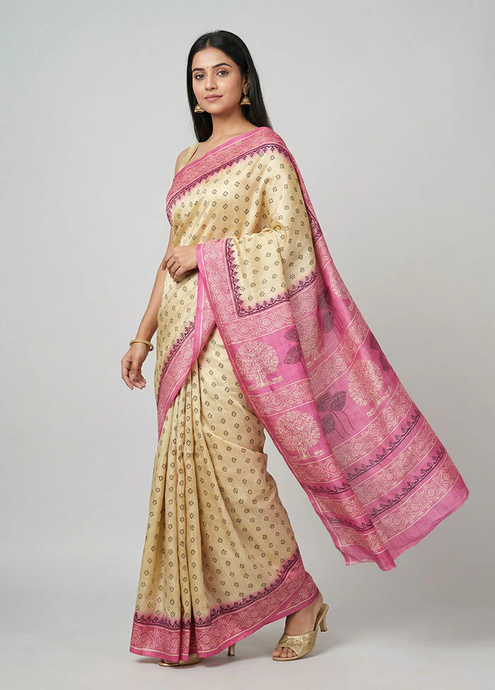 Yellow Printed Silk Saree Without Blouse Piece